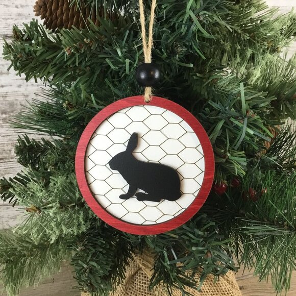 Rabbit Rustic Farm Christmas Ornament with Laser-Cut Chicken Wire Pattern - Picture 1 of 5